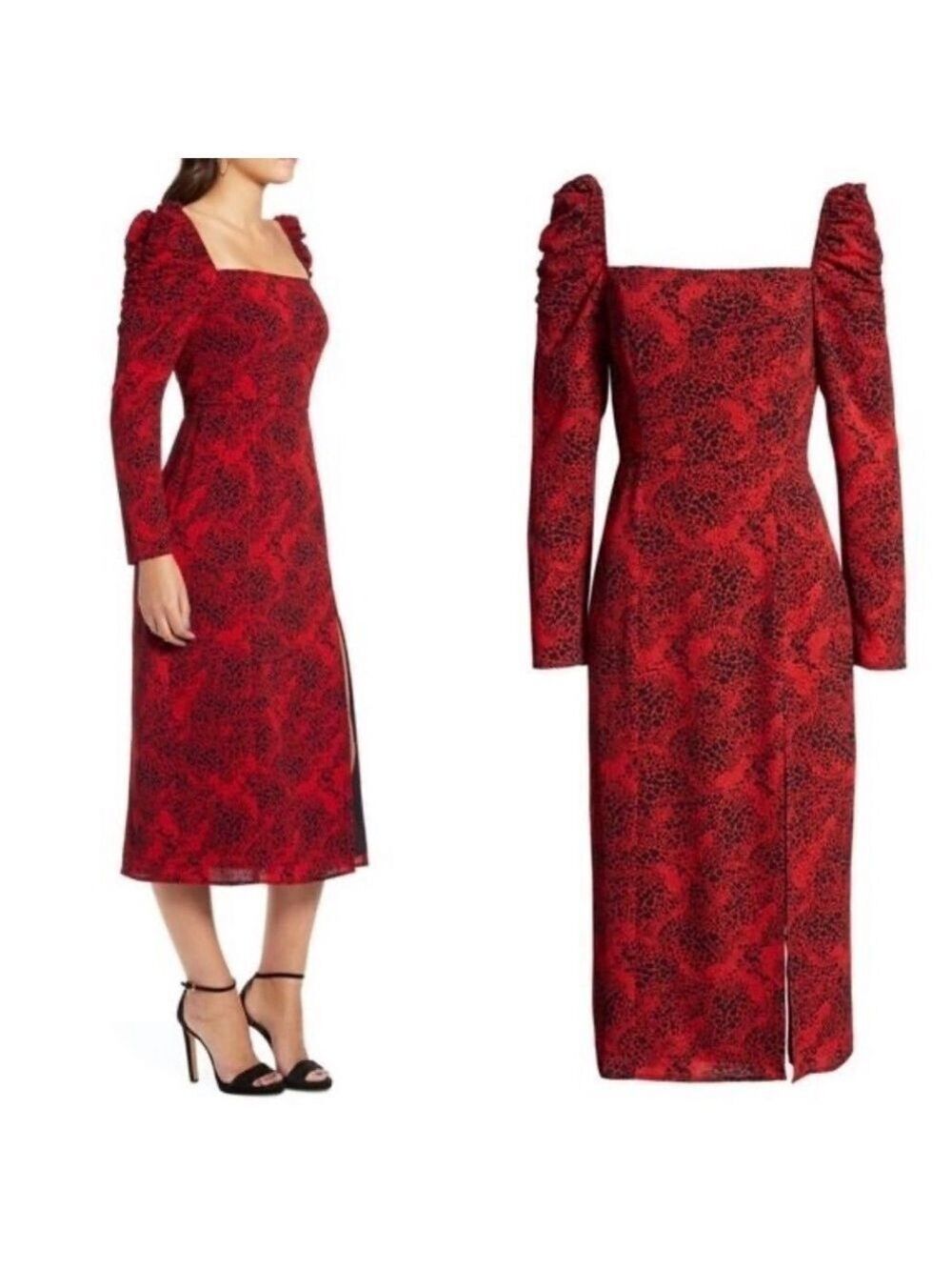 New Leith Spatter Print Square Neck Long Sleeve Midi Dress black red size small